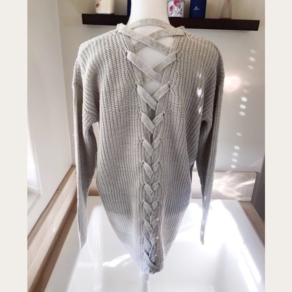 Poof! Sweaters - Light gray lace up long cardigan